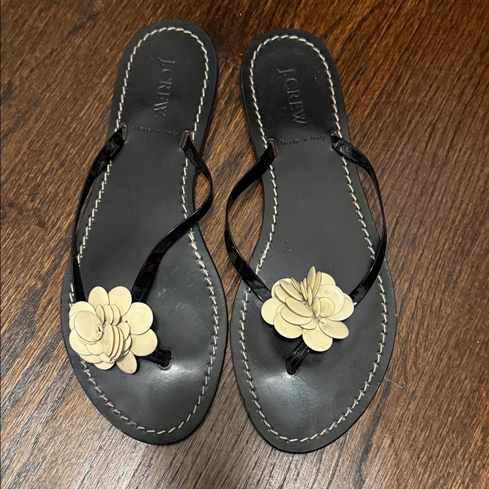 J. Crew Black Sandals with Cream Floral Detail